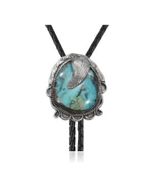 Feather .925 Sterling Silver Certified Authentic Handmade Navajo Native American Natural Turquoise Bolo Tie 34192