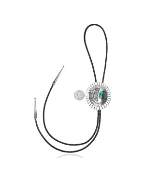 Feather .925 Sterling Silver Certified Authentic Handmade Navajo Native American Natural Turquoise Bolo Tie 34193
