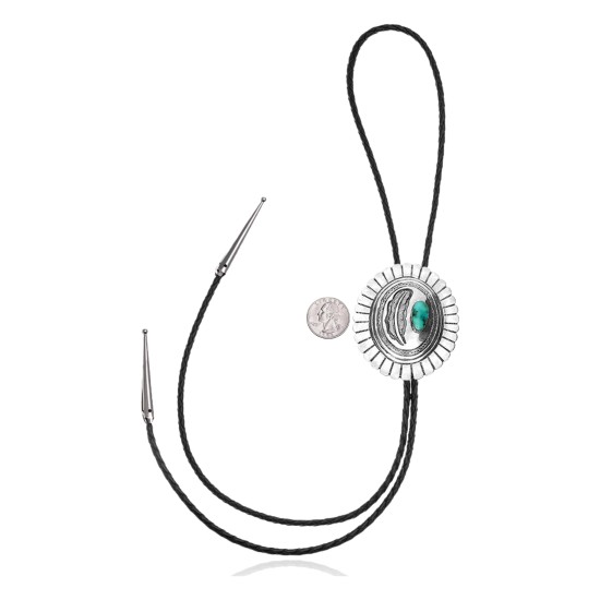 Feather .925 Sterling Silver Certified Authentic Handmade Navajo Native American Natural Turquoise Bolo Tie 34193
