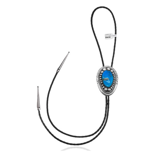 Handmade Certified Authentic Navajo .925 Sterling Silver Native American Natural Turquoise Bolo Tie 34194