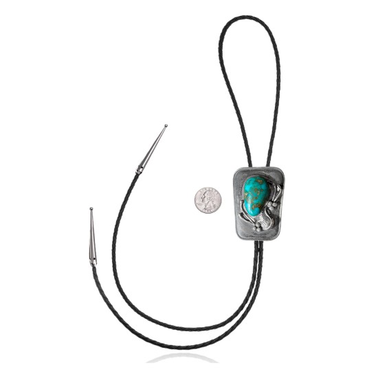 Feather .925 Sterling Silver Certified Authentic Handmade Navajo Native American Natural Turquoise Bolo Tie 34195
