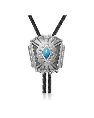 Handmade Certified Authentic Navajo .925 Sterling Silver Native American Natural Turquoise Bolo Tie 34196