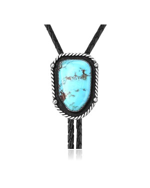 Handmade Certified Authentic Navajo .925 Sterling Silver Native American Natural Turquoise Bolo Tie 34199
