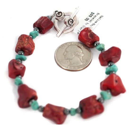 Navajo Nickel Certified Authentic Natural Turquoise Coral Hematite Native American Bracelet 13176-3