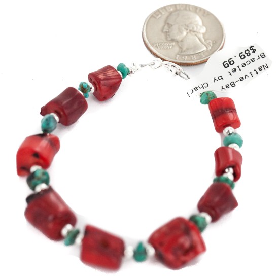 Navajo .925 Sterling Silver Certified Authentic Natural Turquoise Coral Native American Bracelet 13176-2