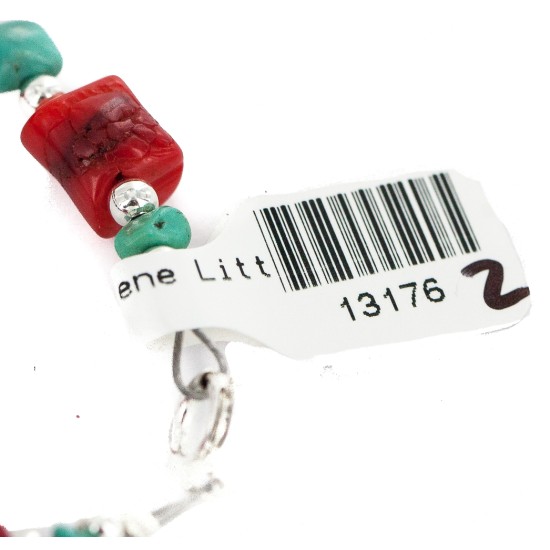 Navajo .925 Sterling Silver Certified Authentic Natural Turquoise Coral Native American Bracelet 13176-2