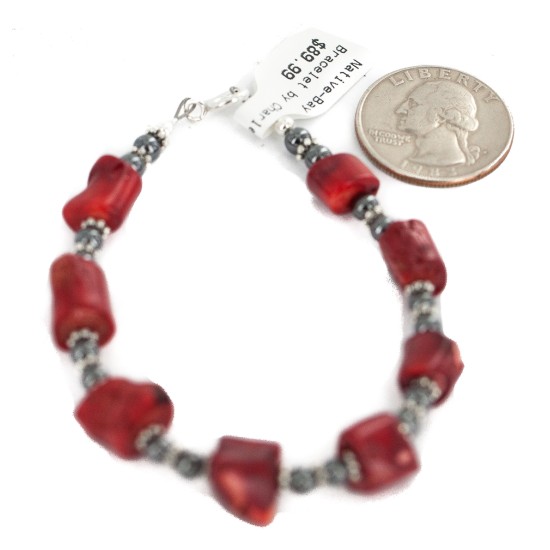 Navajo .925 Sterling Silver Certified Authentic Natural Hematite Coral Native American Bracelet 13176-1