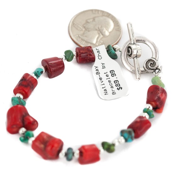 Navajo Nickel Certified Authentic Natural Turquoise Coral Native American Bracelet 13176