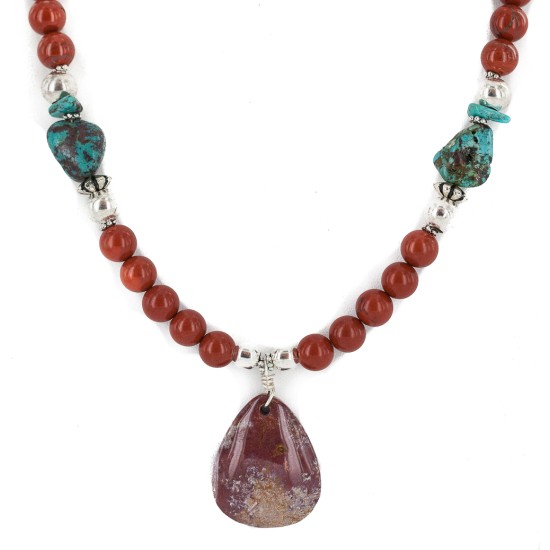 .925 Sterling Silver Certified Authentic Navajo Natural Turquoise Red Jasper Native American Necklace 750231-2