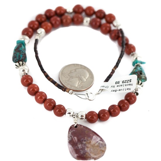 .925 Sterling Silver Certified Authentic Navajo Natural Turquoise Red Jasper Native American Necklace 750231-2