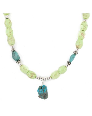.925 Sterling Silver Certified Authentic Navajo Natural Turquoise Gaspeite Native American Necklace 750231-3