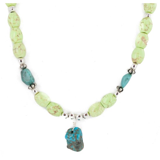 .925 Sterling Silver Certified Authentic Navajo Natural Turquoise Gaspeite Native American Necklace 750231-3