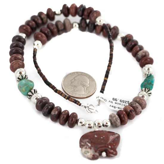 .925 Sterling Silver Certified Authentic Navajo Natural Turquoise Red Jasper Heishi Native American Necklace 750230-3