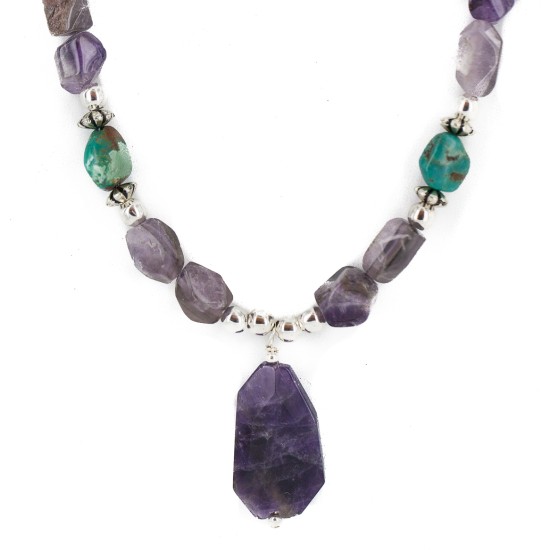 .925 Sterling Silver Certified Authentic Navajo Natural Turquoise Amethyst Native American Necklace 750230-2