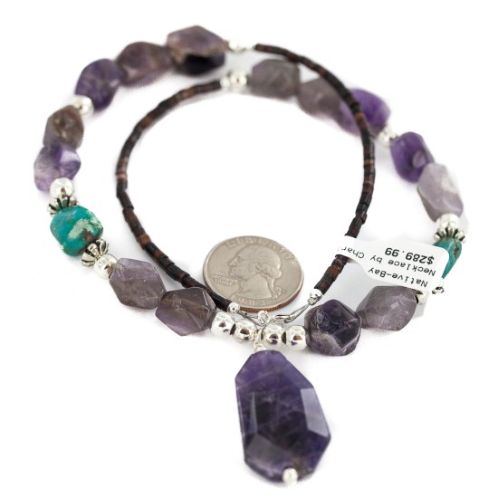.925 Sterling Silver Certified Authentic Navajo Natural Turquoise Amethyst Native American Necklace 750230-2