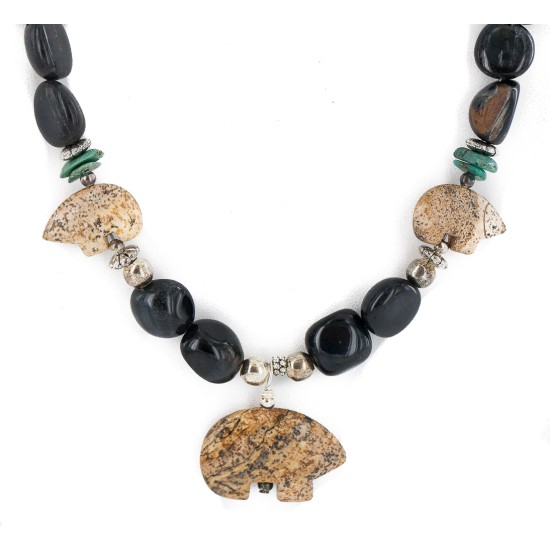 .925 Sterling Silver Certified Authentic Navajo Natural Turquoise Jasper Blue Tigers Eye Heishi Native American Necklace 750232-2