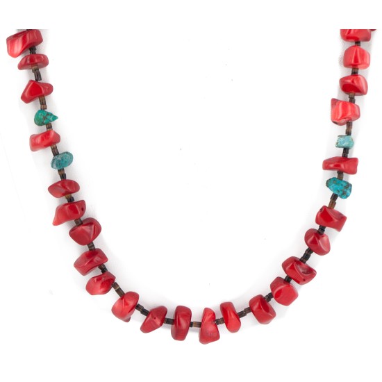 .925 Sterling Silver Certified Authentic Navajo Natural Turquoise Coral Native American Necklace 750232-4