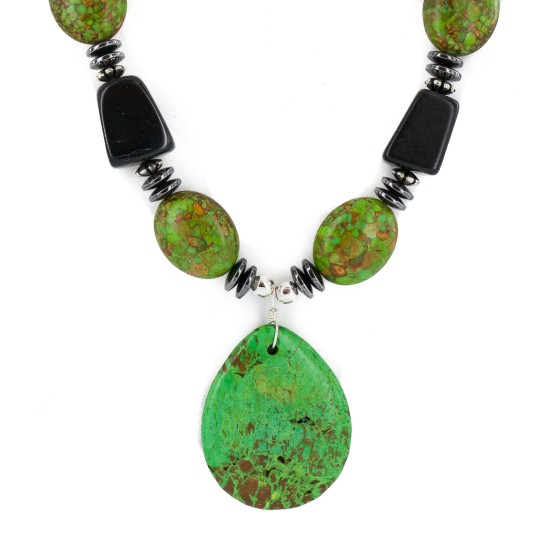 .925 Sterling Silver Certified Authentic Navajo Natural Hematite Black Onyx Gaspeite Native American Necklace 750230-5
