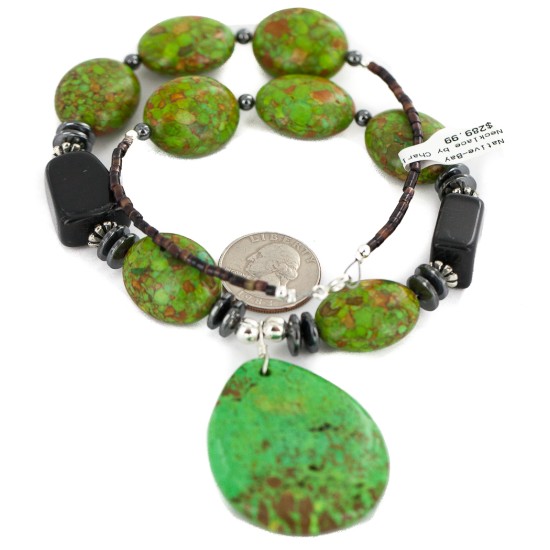 .925 Sterling Silver Certified Authentic Navajo Natural Hematite Black Onyx Gaspeite Native American Necklace 750230-5
