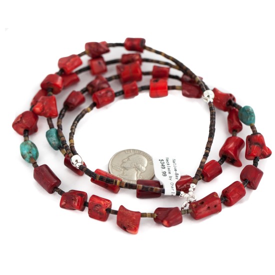 2 Strand .925 Sterling Silver Certified Authentic Navajo Natural Turquoise Coral Native American Necklace 750229