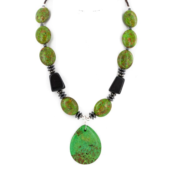 .925 Sterling Silver Certified Authentic Navajo Natural Hematite Black Onyx Gaspeite Native American Necklace 750230-5