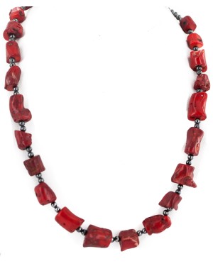 .925 Sterling Silver Certified Authentic Navajo Natural Hematite Coral Native American Necklace 750232-5