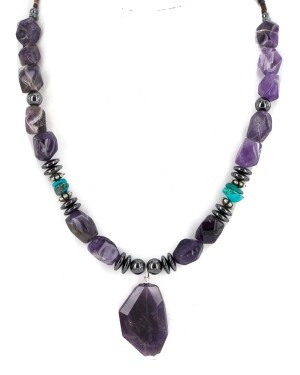 .925 Sterling Silver Certified Authentic Navajo Natural Turquoise Amethyst Hematite Native American Necklace 750230-1