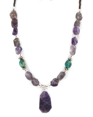 .925 Sterling Silver Certified Authentic Navajo Natural Turquoise Amethyst Native American Necklace 750230-2