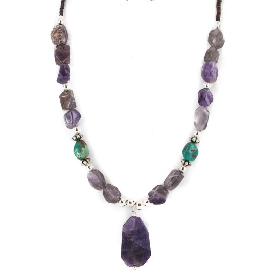 .925 Sterling Silver Certified Authentic Navajo Natural Turquoise Amethyst Native American Necklace 750230-2