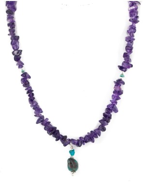 .925 Sterling Silver Certified Authentic Navajo Natural Turquoise Amethyst Native American Necklace  750232-1