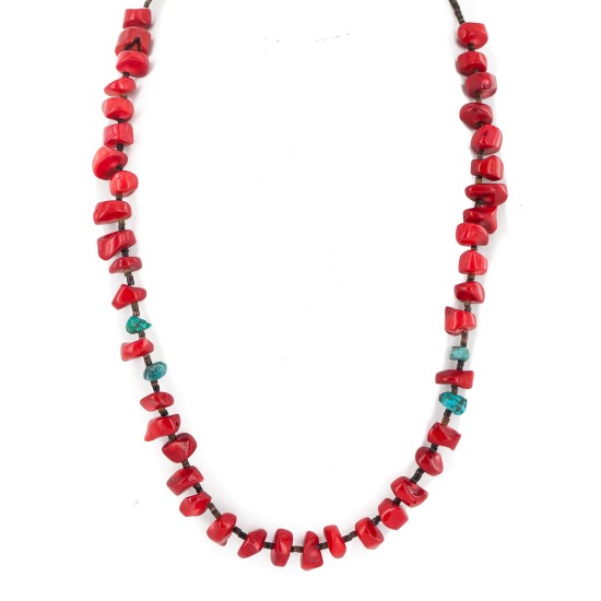 .925 Sterling Silver Certified Authentic Navajo Natural Turquoise Coral Native American Necklace 750232-4