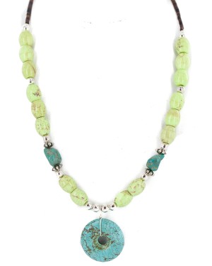 .925 Sterling Silver Certified Authentic Navajo Natural Turquoise Gaspeite Native American Necklace 750231-1