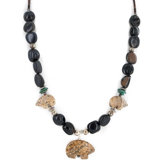 .925 Sterling Silver Certified Authentic Navajo Natural Turquoise Jasper Blue Tigers Eye Heishi Native American Necklace 750232-2