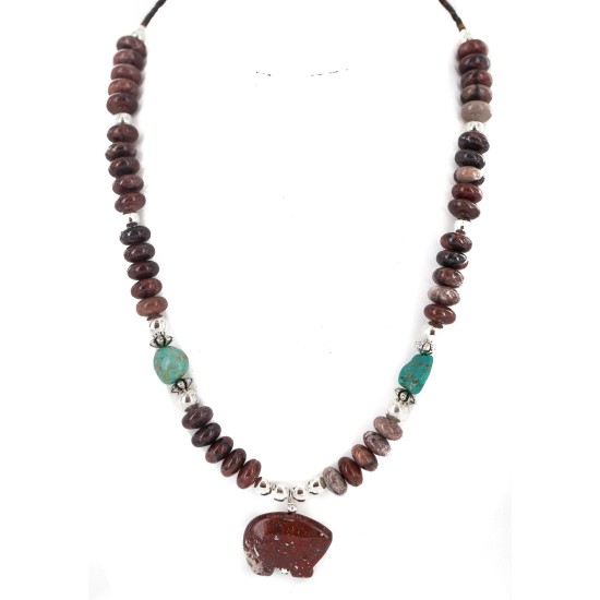 .925 Sterling Silver Certified Authentic Navajo Natural Turquoise Red Jasper Heishi Native American Necklace 750230-3