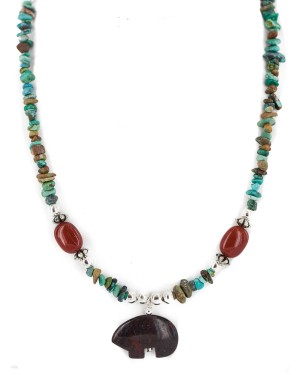 .925 Sterling Silver Certified Authentic Navajo Natural Turquoise Red Jasper Native American Necklace  750226-3