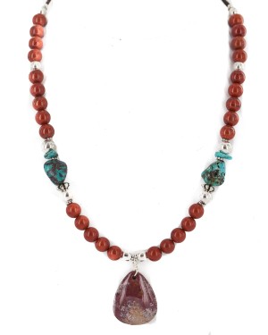.925 Sterling Silver Certified Authentic Navajo Natural Turquoise Red Jasper Native American Necklace 750231-2