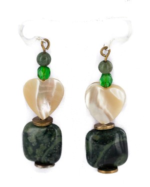 .925 Sterling Silver Hooks Certified Authentic Navajo Natural Green Jasper Mother of Pearl Native American Dangle Earrings 17876-2