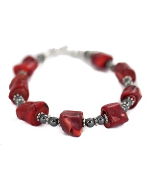 Navajo .925 Sterling Silver Certified Authentic Natural Hematite Coral Native American Bracelet 13176-1