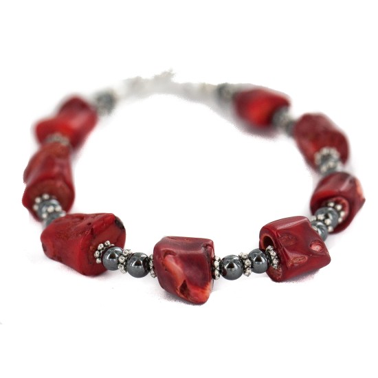 Navajo .925 Sterling Silver Certified Authentic Natural Hematite Coral Native American Bracelet 13176-1