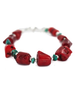 Navajo .925 Sterling Silver Certified Authentic Natural Turquoise Coral Native American Bracelet 13176-2