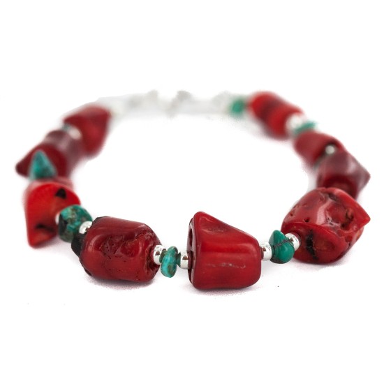 Navajo .925 Sterling Silver Certified Authentic Natural Turquoise Coral Native American Bracelet 13176-2