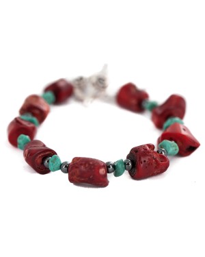 Navajo Nickel Certified Authentic Natural Turquoise Coral Hematite Native American Bracelet 13176-3 Navajo Nickel Certified Authentic Natural Turquoise Coral Hematite Native American Bracelet 13176-3