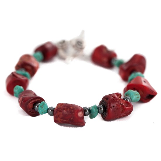 Navajo Nickel Certified Authentic Natural Turquoise Coral Hematite Native American Bracelet 13176-3