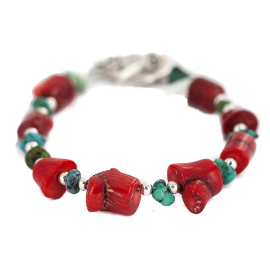 Navajo Nickel Certified Authentic Natural Turquoise Coral Native American Bracelet 13176