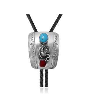 Feather .925 Sterling Silver Certified Authentic Handmade Navajo Native American Natural Turquoise Coral Bolo Tie 34202