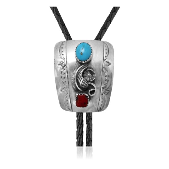Feather .925 Sterling Silver Certified Authentic Handmade Navajo Native American Natural Turquoise Coral Bolo Tie 34202