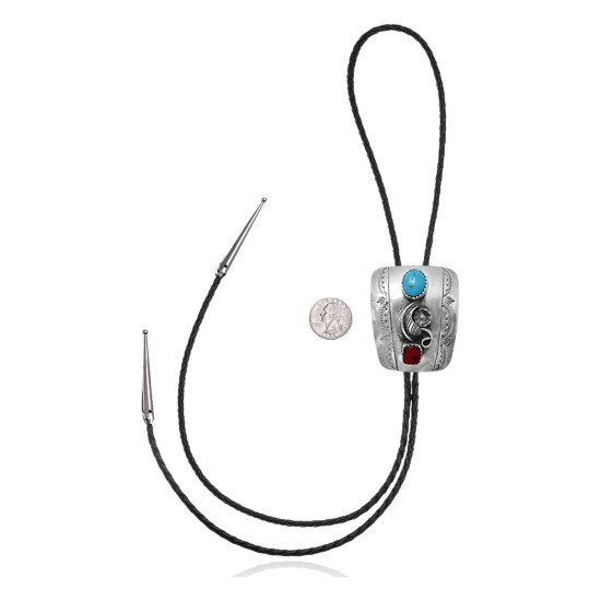 Feather .925 Sterling Silver Certified Authentic Handmade Navajo Native American Natural Turquoise Coral Bolo Tie 34202
