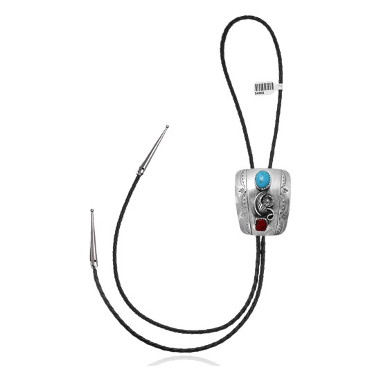 Feather .925 Sterling Silver Certified Authentic Handmade Navajo Native American Natural Turquoise Coral Bolo Tie 34202