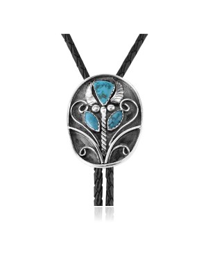  Feather .925 Sterling Silver Certified Authentic Handmade Navajo Native American Natural Turquoise Bolo Tie 34207