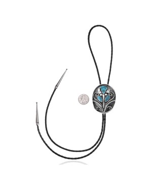  Feather .925 Sterling Silver Certified Authentic Handmade Navajo Native American Natural Turquoise Bolo Tie 34207
